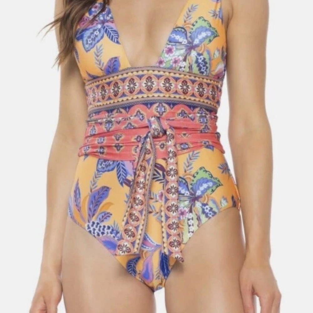 BECCA One Piece Swimwear in Orange and Purple with Plunging V-Neckline